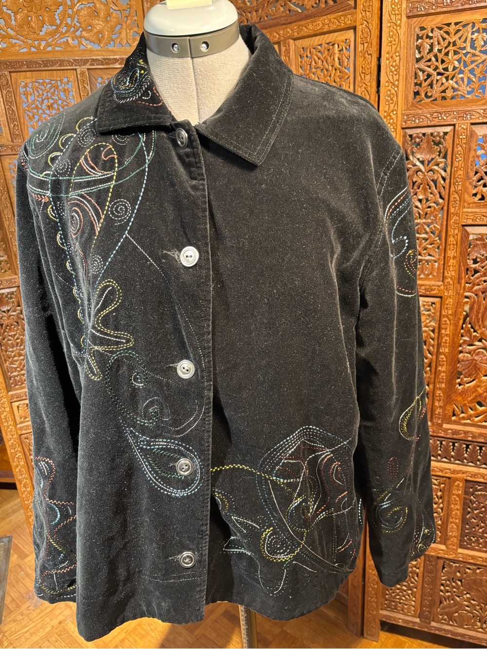 Chico's Black Velvet Jacket with Multicolor Embroidery